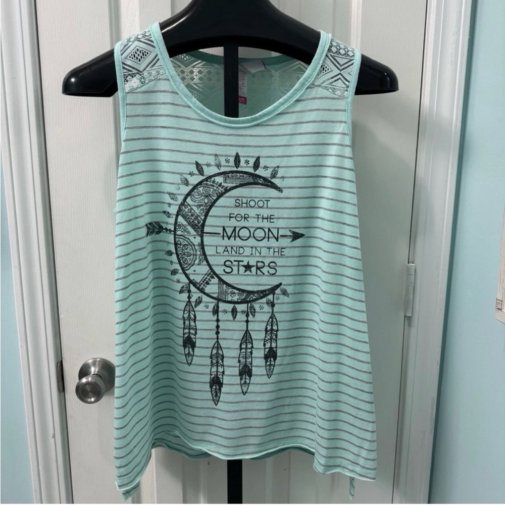 No Boundaries Junior's Size XL 15-17 Blue Green Gray Shoot for the Moon Tank Top